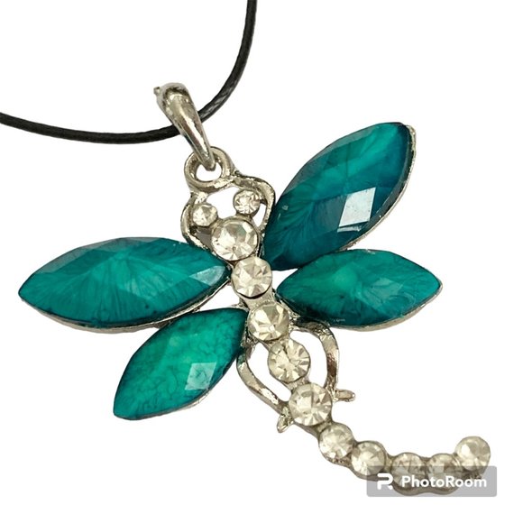 Vtg Dragonfly Necklace Pendant Insect Aqua Crystal Silver Plated Black Cord 18" - Picture 2 of 10